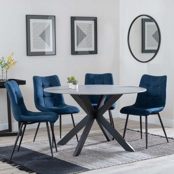 Novara Grey Ceramic 4 Seater 130cm Round Dining Set with 4x Corona Blue Fabric Dining Chairs