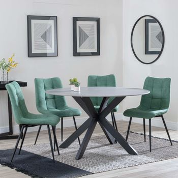 Novara Grey Ceramic 4 Seater 130cm Round Dining Set with 4x Corona Green Fabric Dining Chairs