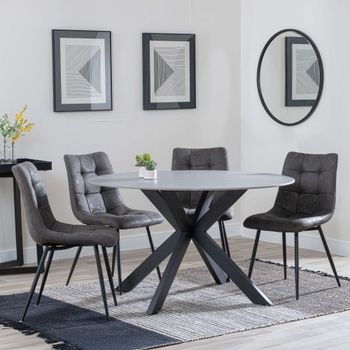 Novara Grey Ceramic 4 Seater 130cm Round Dining Set with 4x Corona Grey Fabric Dining Chairs