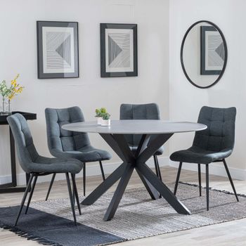 Novara Grey Ceramic 4 Seater 130cm Round Dining Set with 4x Corona Light Grey Fabric Dining Chairs