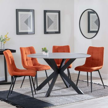 Novara Grey Ceramic 4 Seater 130cm Round Dining Set with 4x Corona Orange Fabric Dining Chairs