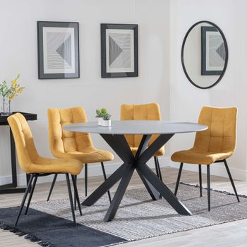 Novara Grey Ceramic 4 Seater 130cm Round Dining Set with 4x Corona Yellow Fabric Dining Chairs