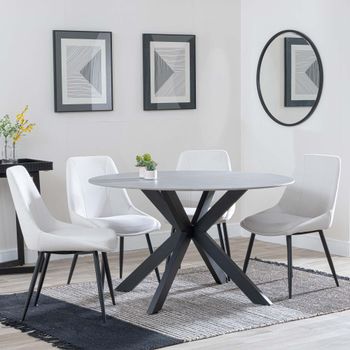 Novara Grey Ceramic 4 Seater 130cm Round Dining Set with 4x Darwin Cream Fabric Dining Chairs