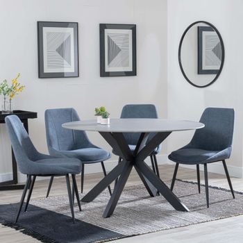 Novara Grey Ceramic 4 Seater 130cm Round Dining Set with 4x Darwin Dark Grey Fabric Dining Chairs