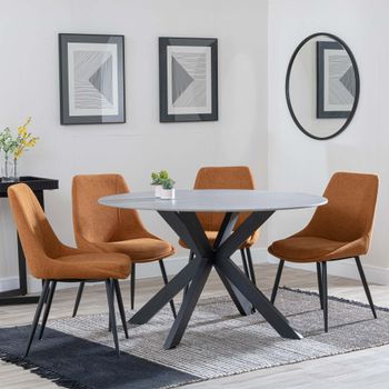 Novara Grey Ceramic 4 Seater 130cm Round Dining Set with 4x Darwin Orange Fabric Dining Chairs