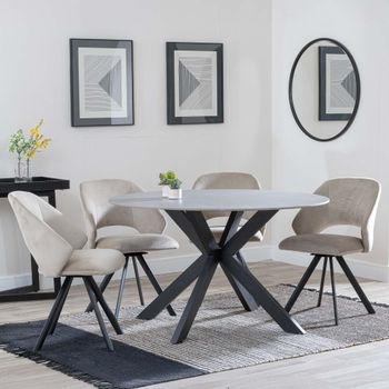 Novara Grey Ceramic 4 Seater Swivel 130cm Round Dining Set with 4 Ion Beige Velvet Chairs