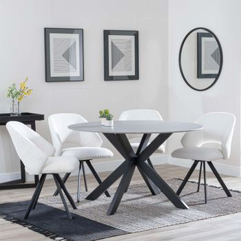 Novara Grey Ceramic 4 Seater Swivel 130cm Round Dining Set with 4 Ion Cream Boucle Teddy Chairs