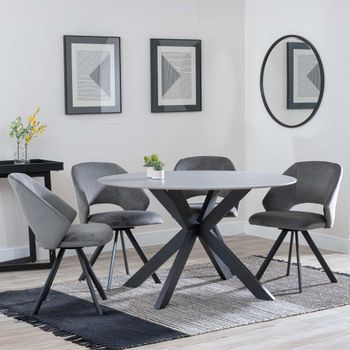 Novara Grey Ceramic 4 Seater Swivel 130cm Round Dining Set with 4 Ion Dark Grey Velvet Chairs