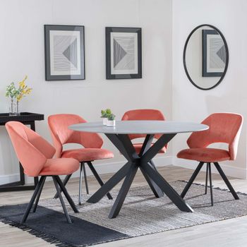 Novara Grey Ceramic 4 Seater Swivel 130cm Round Dining Set with 4 Ion Orange Velvet Chairs
