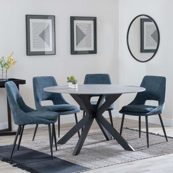Novara Grey Ceramic 4 Seater 130cm Round Dining Set with 4x Peyton Blue Fabric Dining Chairs