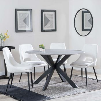 Novara Grey Ceramic 4 Seater 130cm Round Dining Set with 4x Peyton Cream Fabric Dining Chairs