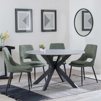 Novara Grey Ceramic 4 Seater 130cm Round Dining Set with 4x Peyton Green Fabric Dining Chairs
