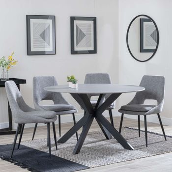 Novara Grey Ceramic 4 Seater 130cm Round Dining Set with 4x Peyton Grey Fabric Dining Chairs