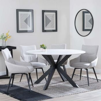 Novara White Ceramic 4 Seater Swivel 130cm Round Dining Set with 4x Ace Beige Fabric Dining Chairs