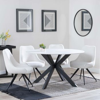 Novara White Ceramic 4 Seater Swivel 130cm Round Dining Set with 4 Arctic Cream Velvet Chairs