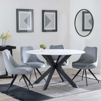 Novara White Ceramic 4 Seater Swivel 130cm Round Dining Set with 4 Arctic Grey Velvet Chairs