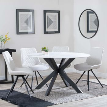Novara White Ceramic 4 Seater Swivel 130cm Round Dining Set with 4x Boden Cream Fabric Dining Chairs