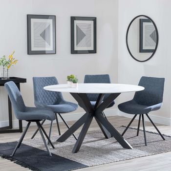 Novara White Ceramic 4 Seater Swivel 130cm Round Dining Set with 4 Boden Dark Grey Fabric Chairs