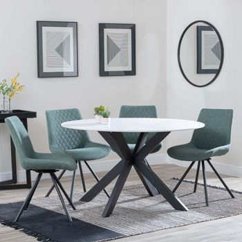 Novara White Ceramic 4 Seater Swivel 130cm Round Dining Set with 4x Boden Green Fabric Dining Chairs