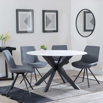 Novara White Ceramic 4 Seater Swivel 130cm Round Dining Set with 4x Boden Grey Fabric Dining Chairs