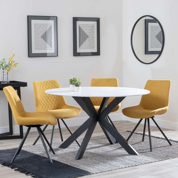 Novara White Ceramic 4 Seater Swivel 130cm Round Dining Set with 4 Boden Yellow Fabric Chairs