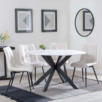 Novara White Ceramic 4 Seater 130cm Round Dining Set with 4x Corona Beige Fabric Dining Chairs