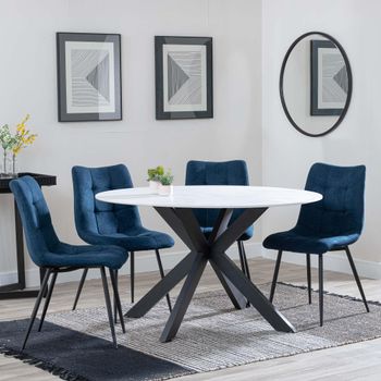 Novara White Ceramic 4 Seater 130cm Round Dining Set with 4x Corona Blue Fabric Dining Chairs