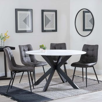 Novara White Ceramic 4 Seater 130cm Round Dining Set with 4x Corona Grey Fabric Dining Chairs