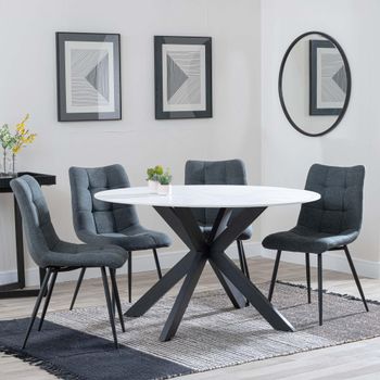 Novara White Ceramic 4 Seater 130cm Round Dining Set with 4x Corona Light Grey Fabric Dining Chairs