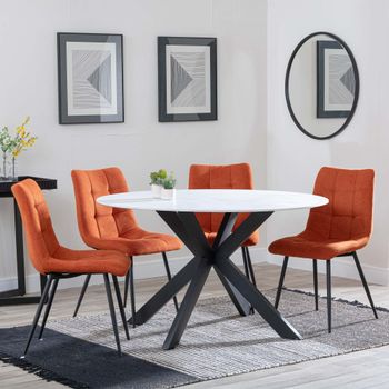 Novara White Ceramic 4 Seater 130cm Round Dining Set with 4x Corona Orange Fabric Dining Chairs