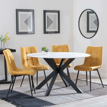 Novara White Ceramic 4 Seater 130cm Round Dining Set with 4x Corona Yellow Fabric Dining Chairs