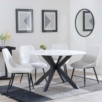 Novara White Ceramic 4 Seater 130cm Round Dining Set with 4x Darwin Cream Fabric Dining Chairs