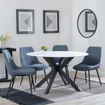 Novara White Ceramic 4 Seater 130cm Round Dining Set with 4x Darwin Dark Grey Fabric Dining Chairs