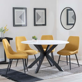 Novara White Ceramic 4 Seater 130cm Round Dining Set with 4x Darwin Yellow Fabric Dining Chairs