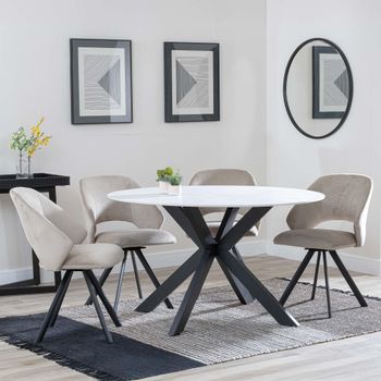 Novara White Ceramic 4 Seater Swivel 130cm Round Dining Set with 4 Ion Beige Velvet Chairs