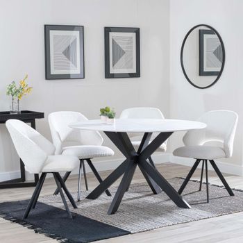 Novara White Ceramic 4 Seater Swivel 130cm Round Dining Set with 4 Ion Cream Boucle Teddy Chairs