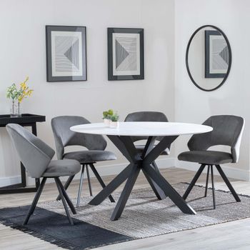 Novara White Ceramic 4 Seater Swivel 130cm Round Dining Set with 4 Ion Dark Grey Velvet Chairs