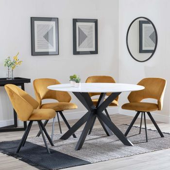 Novara White Ceramic 4 Seater Swivel 130cm Round Dining Set with 4 Ion Mustard Velvet Chairs