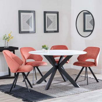 Novara White Ceramic 4 Seater Swivel 130cm Round Dining Set with 4 Ion Orange Velvet Chairs