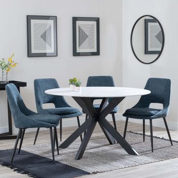 Novara White Ceramic 4 Seater 130cm Round Dining Set with 4x Peyton Blue Fabric Dining Chairs