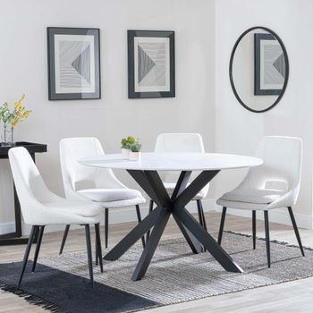 Novara White Ceramic 4 Seater 130cm Round Dining Set with 4x Peyton Cream Fabric Dining Chairs
