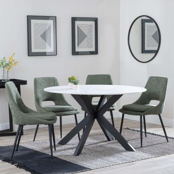 Novara White Ceramic 4 Seater 130cm Round Dining Set with 4x Peyton Green Fabric Dining Chairs
