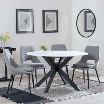 Novara White Ceramic 4 Seater 130cm Round Dining Set with 4x Peyton Grey Fabric Dining Chairs