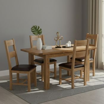 Original Rustic Oak 4-6 Seater 120-153cm Dining Set with 4 Ladder Back Chairs & Dark Brown Seat Pad