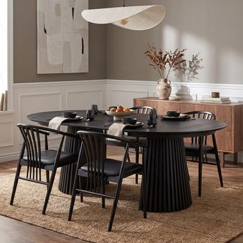 Osaka Oak Black 120-200cm Round Slatted Base Extending Dining Set with 4 Agustin Spindle Back Chairs