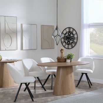 Palma Oak 6 Seater Swivel 180cm Oval Dining Set with Ion Cream Boucle Teddy Fabric Dining Chairs