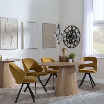 Palma Oak 6 Seater Swivel 180cm Oval Dining Set with Ion Mustard Velvet Fabric Dining Chairs
