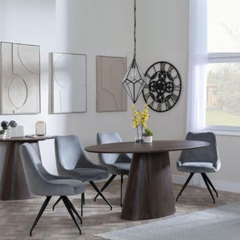 Palma 6 Seater Swivel 180cm Oval Walnut Dining Set with Arctic Grey Velvet Fabric Dining Chairs