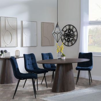 Palma 6 Seater 180cm Oval Walnut Dining Set with Corona Blue Fabric Dining Chairs