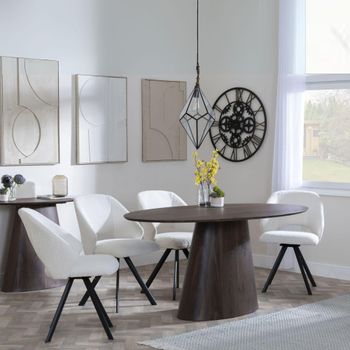 Palma 6 Seater Swivel 180cm Oval Walnut Dining Set with Ion Cream Boucle Teddy Fabric Dining Chairs